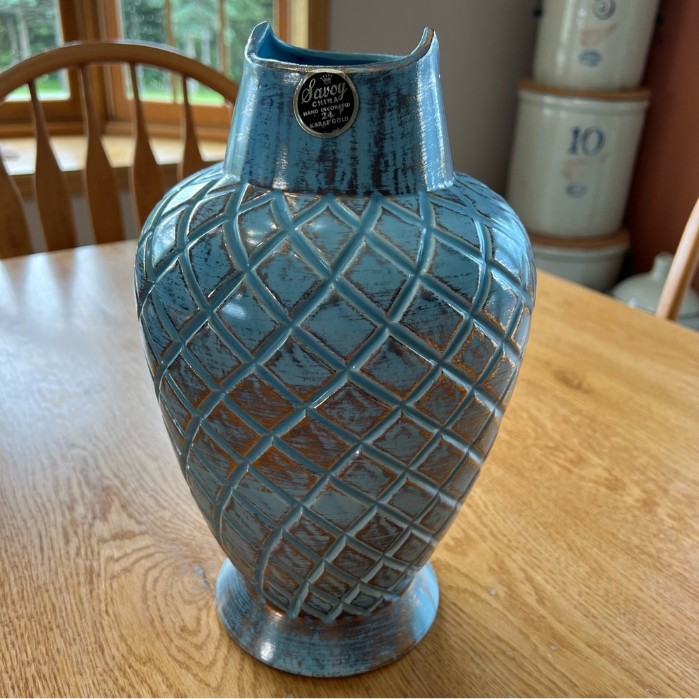 Large Savoy Decorative Ceramic Vase Aqua With Gold Sheen Overglaze